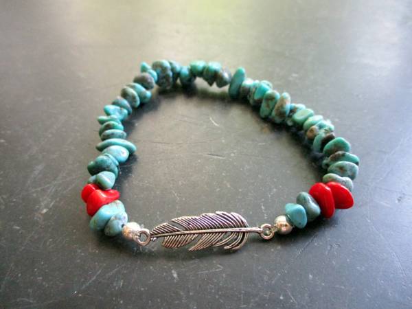 Armband, Symbolarmband, Feder, Koralle, Türkis, Metall, rot, Unisex, Indianer Schmuck