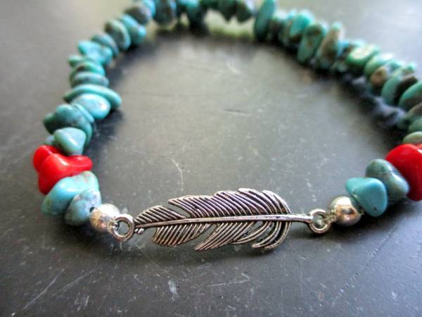 Armband, Symbolarmband, Feder, Koralle, Türkis, Metall, rot, Unisex, Indianer Schmuck