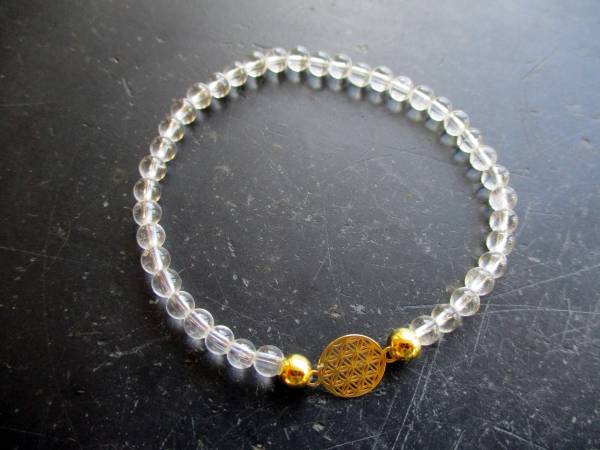 Armband, Symbolarmband, Bergkristall, klar, weiß, Blume des Lebens, Silber, vergoldet