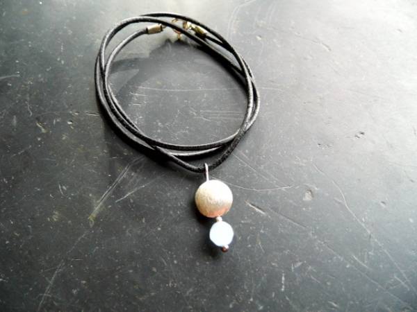 Kette, Lederband, Sterlingsilber, Blauquarz, hellblau, Silber, Schmuck