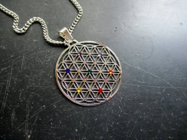 Anhänger, Edelstahl, versilbert, Blume des Lebens, heilige Geometrie, Blume, Chakra, groß