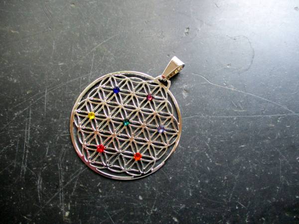 Anhänger, Edelstahl, versilbert, Blume des Lebens, heilige Geometrie, Blume, Chakra, groß