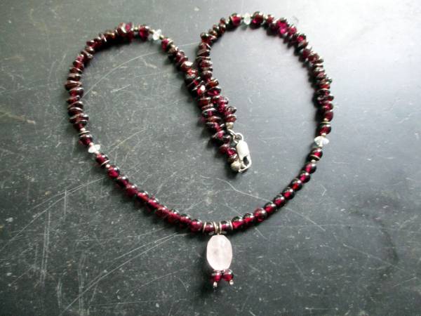 Kette, Granat Splitter, Rosenquarz Kugel, rot, rosa, Sterlingsilber, Schmuck, Frauen