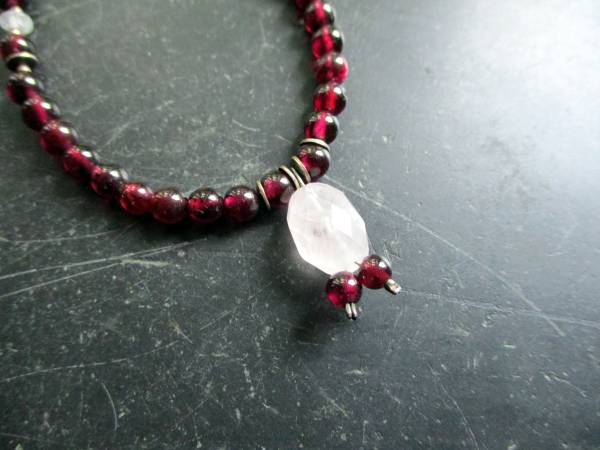 Kette, Granat Splitter, Rosenquarz Kugel, rot, rosa, Sterlingsilber, Schmuck, Frauen