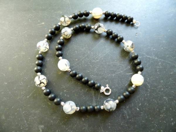 Kette, Spinnenachat, Onyx, schwarz, grau, Sterlingsilber, Schmuck, Frauen