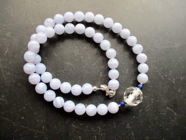 Kette, Edelsteinkette, Chalcedon, hellblau, Perlen, Sterlingsilber, Schmuck, Frauen