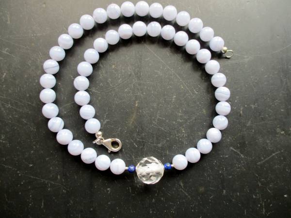 Kette, Edelsteinkette, Chalcedon, hellblau, Perlen, Sterlingsilber, Schmuck, Frauen