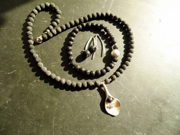 Kette, Lava, Schmuck, Silber, Blatt, Blüte, schwarz, Frauen, Lavakette