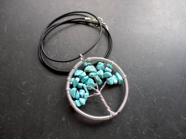 Kette, Lederband, Anhänger, Baum des Lebens, Metall, versilbert, Türkis, blau