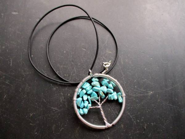 Kette, Lederband, Anhänger, Baum des Lebens, Metall, versilbert, Türkis, blau