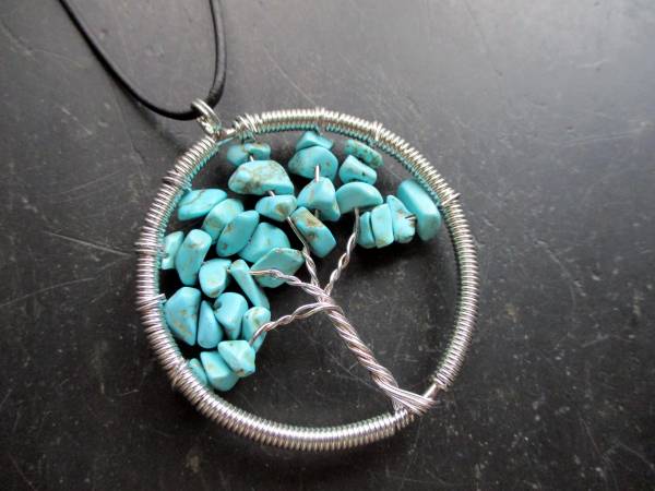 Kette, Lederband, Anhänger, Baum des Lebens, Metall, versilbert, Türkis, blau
