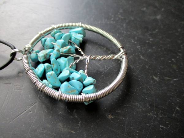 Kette, Lederband, Anhänger, Baum des Lebens, Metall, versilbert, Türkis, blau