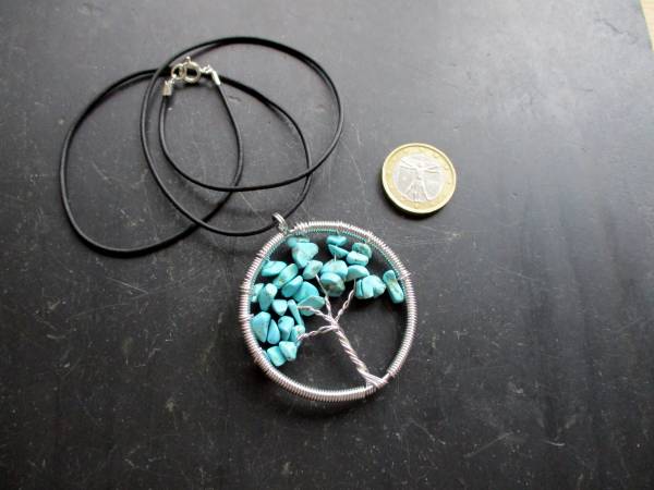 Kette, Lederband, Anhänger, Baum des Lebens, Metall, versilbert, Türkis, blau