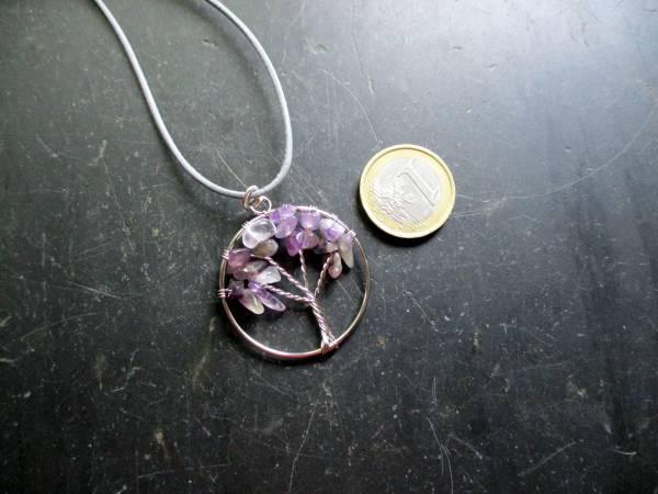 Kette, Lederband, Anhänger, Baum des Lebens, Metall, versilbert, Amethyst, lila