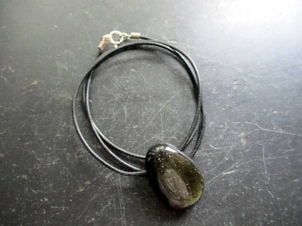 Kette, Anhänger, Obsidian, Goldobsidian, Steringsilber, Lederband, Unisex