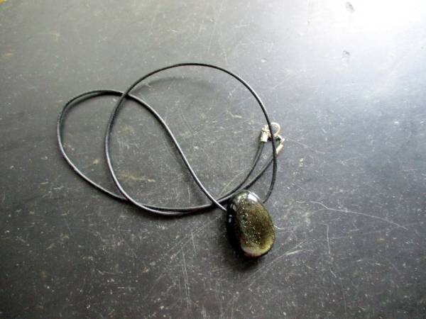 Kette, Anhänger, Obsidian, Goldobsidian, Steringsilber, Lederband, Unisex