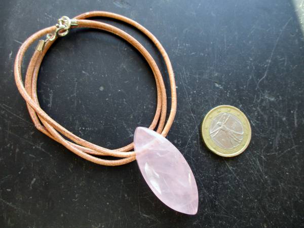 Anhänger, Rosenquarz, Tropfen, Navette, rosa, Schmuck, Lederband, Silber
