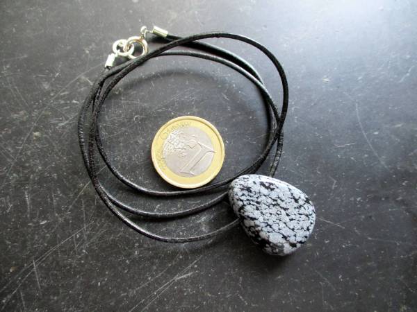 Kette, Anhänger, Tropfen, Lederband, Schneeflockenobsidian, schwarz, weiß, Unisex