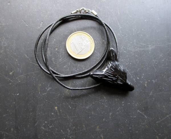 Anhänger, Kette, Lederband, Wolf, Obsidian, schwarz, Krafttier, Schmuck. Unisex