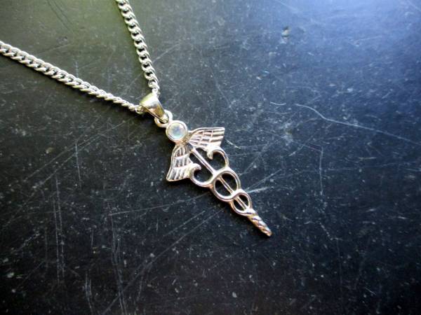 Anhänger, Silber, Merkurstab, Caduceus, Mondstein,  Heilung, Unisex