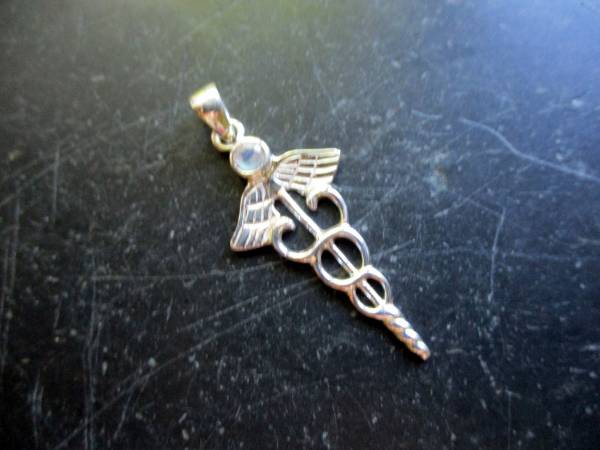 Anhänger, Silber, Merkurstab, Caduceus, Mondstein,  Heilung, Unisex