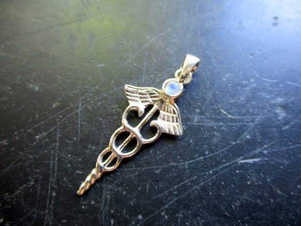 Anhänger, Silber, Merkurstab, Caduceus, Mondstein,  Heilung, Unisex