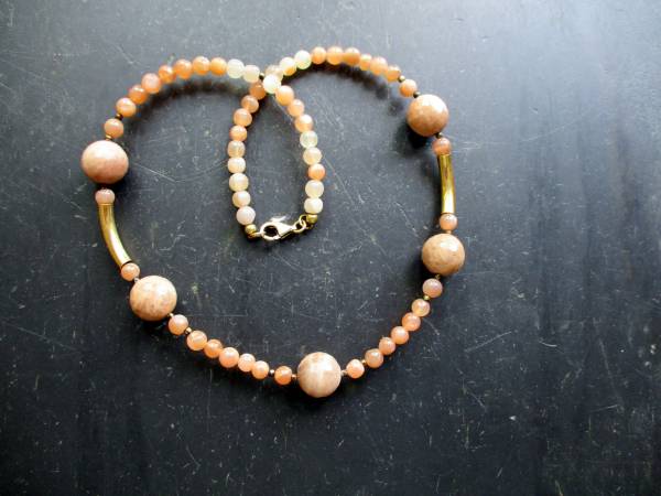 Kette, Mondstein, beige, facettiert, Sterlingsilber, vergoldet, Schmuck, Frauen