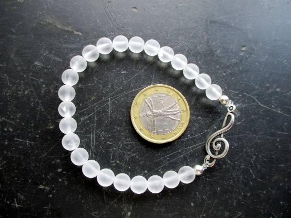 Armband, Symbolarmband, Bergkristall, matt, weiß, Notenschlüssel, Schmuck, Frauen