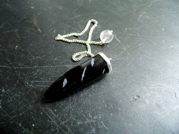 Pendel, Spitzpendel, Obsidian, Schneeflockenobsidian, Silber, schwarz, Magie, Wicca