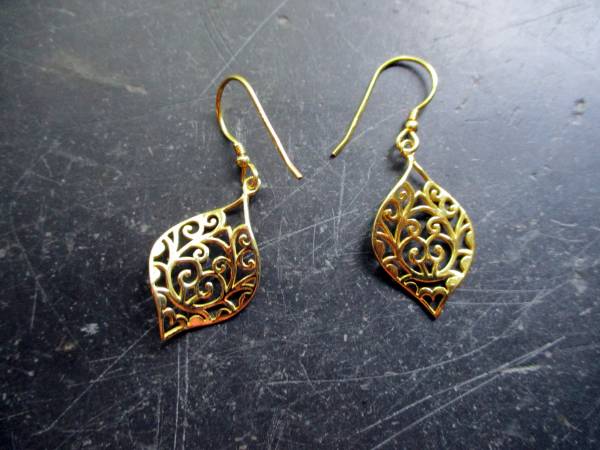 Ohrring, Ohrhänger, Blatt, verziert, Silber, vergoldet, Schmuck, Frauen