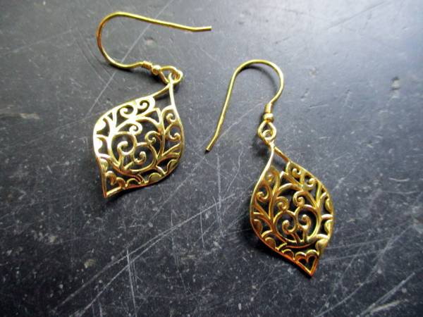 Ohrring, Ohrhänger, Blatt, verziert, Silber, vergoldet, Schmuck, Frauen
