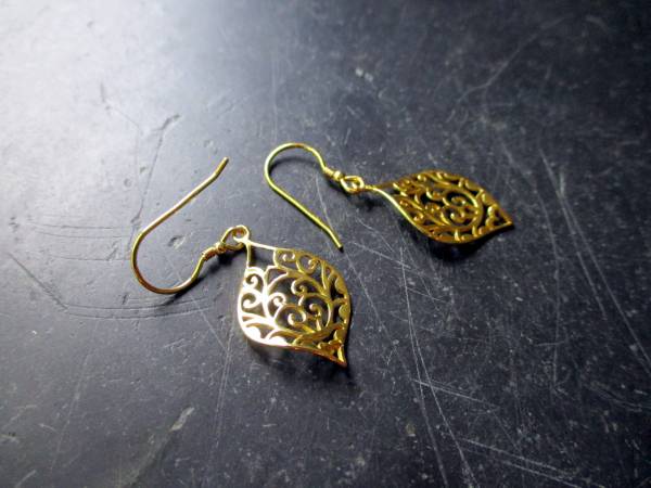 Ohrring, Ohrhänger, Blatt, verziert, Silber, vergoldet, Schmuck, Frauen