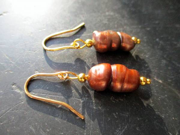 Ohrring, Hängeohrring, Sterlingsilber, vergoldet, Perle, braun, Schmuck, Frauen