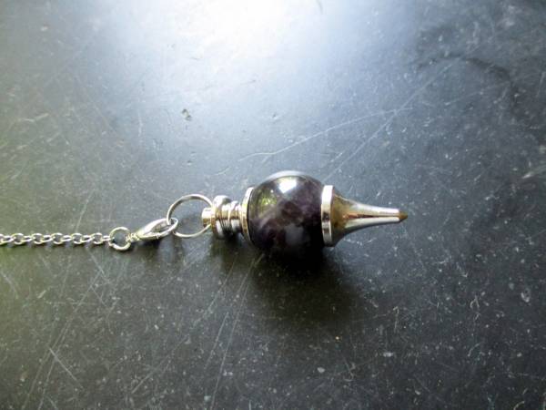 Pendel, Amethyst, Kugel mit Spitze, Metall, silberfarben, Wicca, Schamane