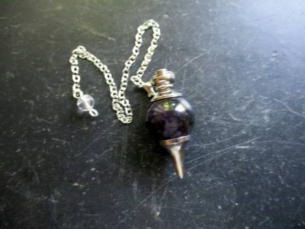Pendel, Amethyst, Kugel mit Spitze, Metall, silberfarben, Wicca, Schamane