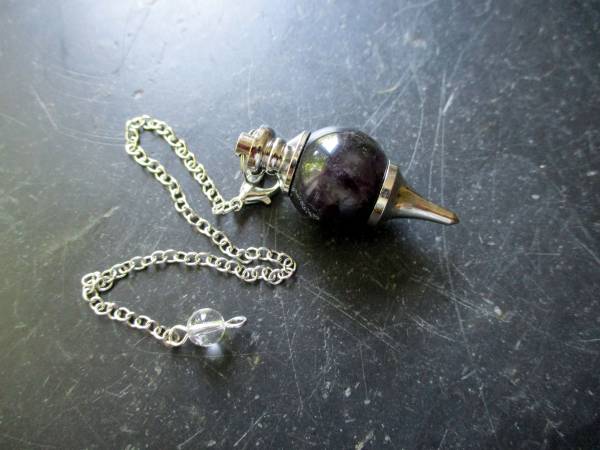 Pendel, Amethyst, Kugel mit Spitze, Metall, silberfarben, Wicca, Schamane