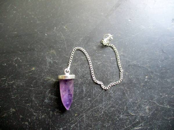 Pendel, Metall, versilbert, Fluorit, lila, Spitzpendel, Wicca, Schamane