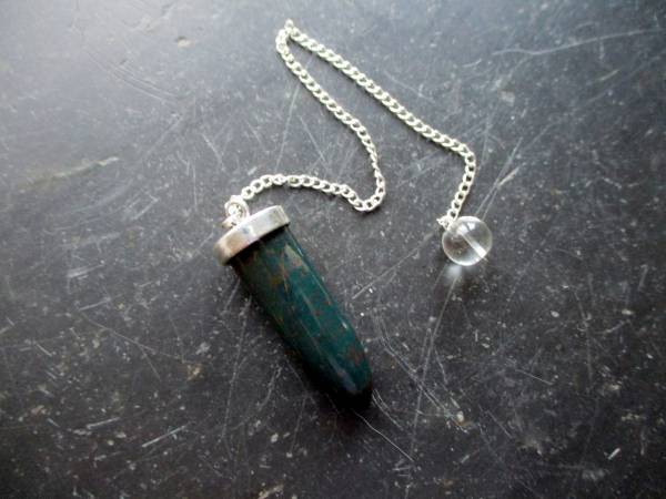 Pendel, Heliotrop, Metall, versilbert, Magie, Wicca, Esoterik, Spitzpendel