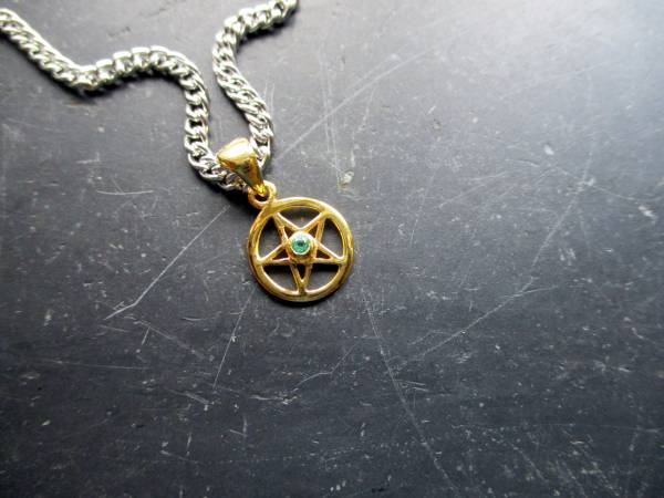Anhänger, Pentagramm,  Sterlingsilber, vergoldet, Smaragd, Talismann, Schutz, Wicca, Schamane