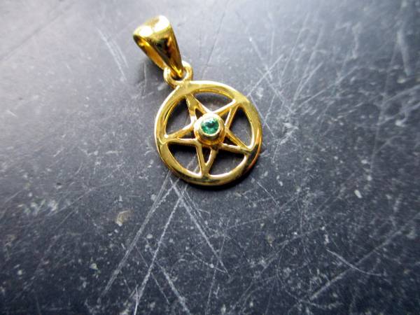 Anhänger, Pentagramm,  Sterlingsilber, vergoldet, Smaragd, Talismann, Schutz, Wicca, Schamane