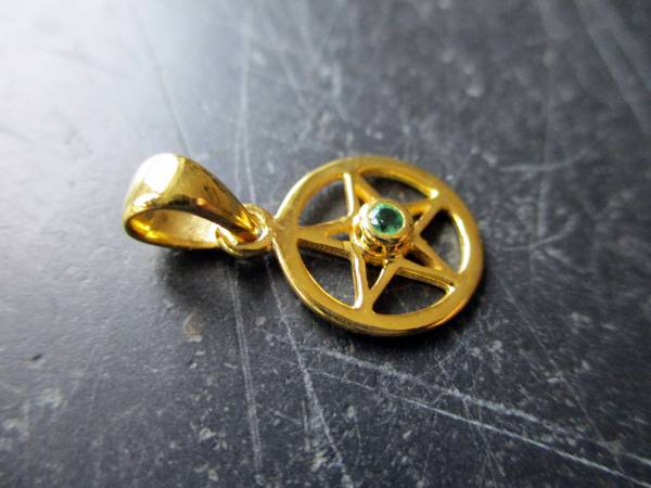 Anhänger, Pentagramm,  Sterlingsilber, vergoldet, Smaragd, Talismann, Schutz, Wicca, Schamane