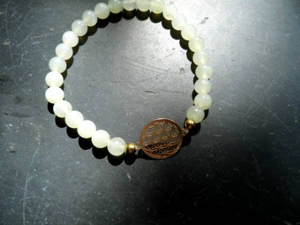 Armband, Symbolarmband, Prehnit, hellgrün, Blume des Lebens, Silber, vergoldet