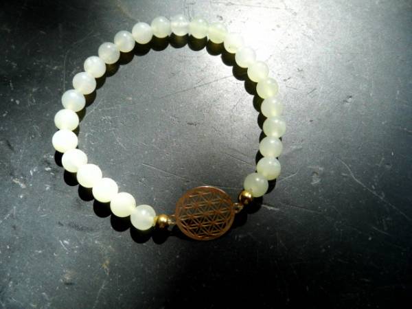 Armband, Symbolarmband, Prehnit, hellgrün, Blume des Lebens, Silber, vergoldet