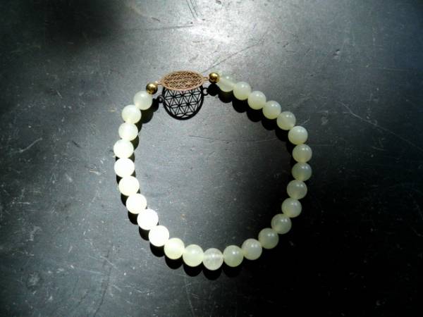 Armband, Symbolarmband, Prehnit, hellgrün, Blume des Lebens, Silber, vergoldet