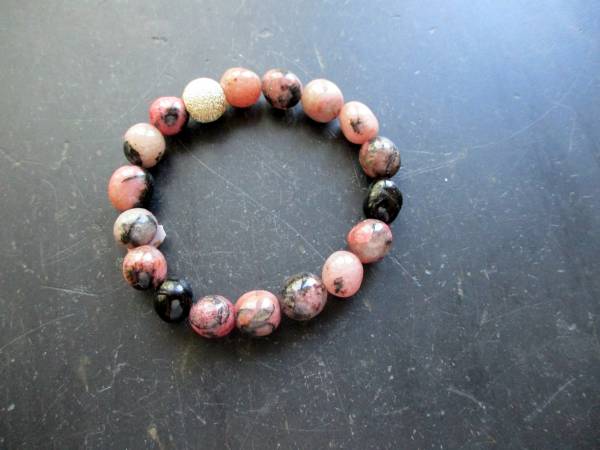 Armband, Rhodonit, rot und schwarz gemustert, Kugel, Schmuck, Frauen