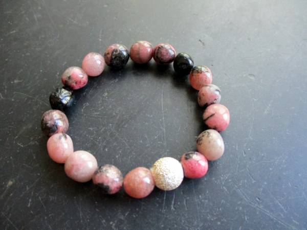 Armband, Rhodonit, rot und schwarz gemustert, Kugel, Schmuck, Frauen