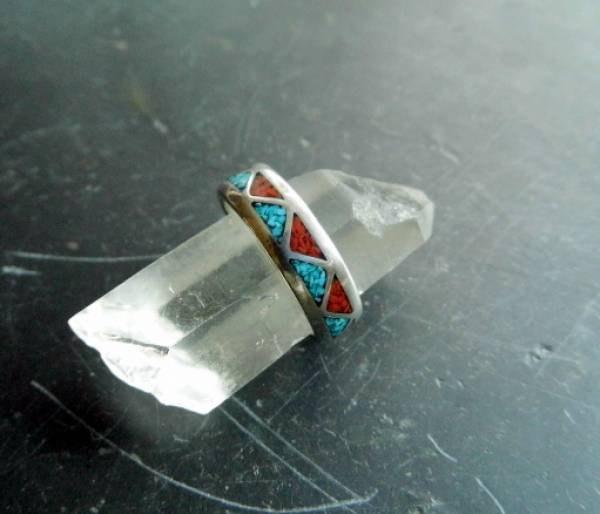 Ring, Silberring, Türkis, Koralle, Einlegearbeit, Inlay, Mexico, Sonderangebot