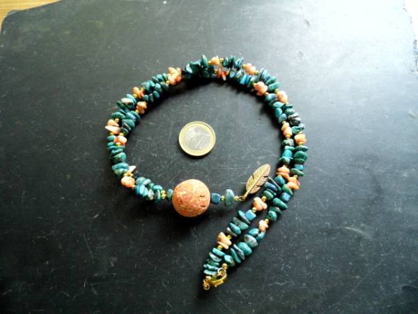 Kette, Türkis, Koralle, Kugel, Feder, Messing, orange, grün, Indianer Schmuck