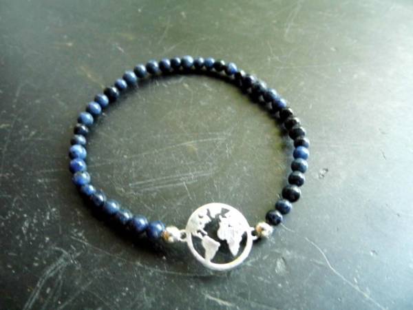 Armband, Welt, Weltkugel, Sterlingsilber, Dumortierit, blau, Symbolarmband, Schmuck